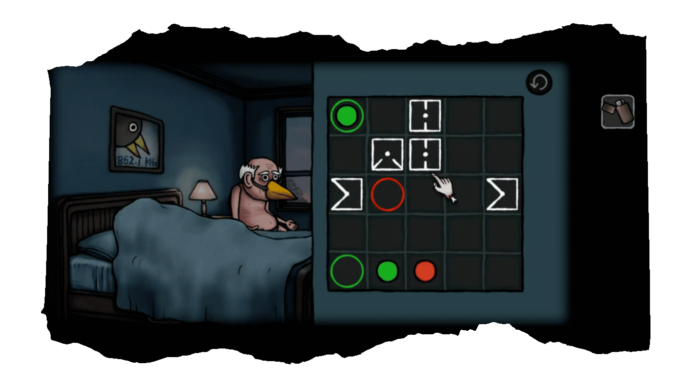 An old man in bed beside a grid puzzle of chalk symbols