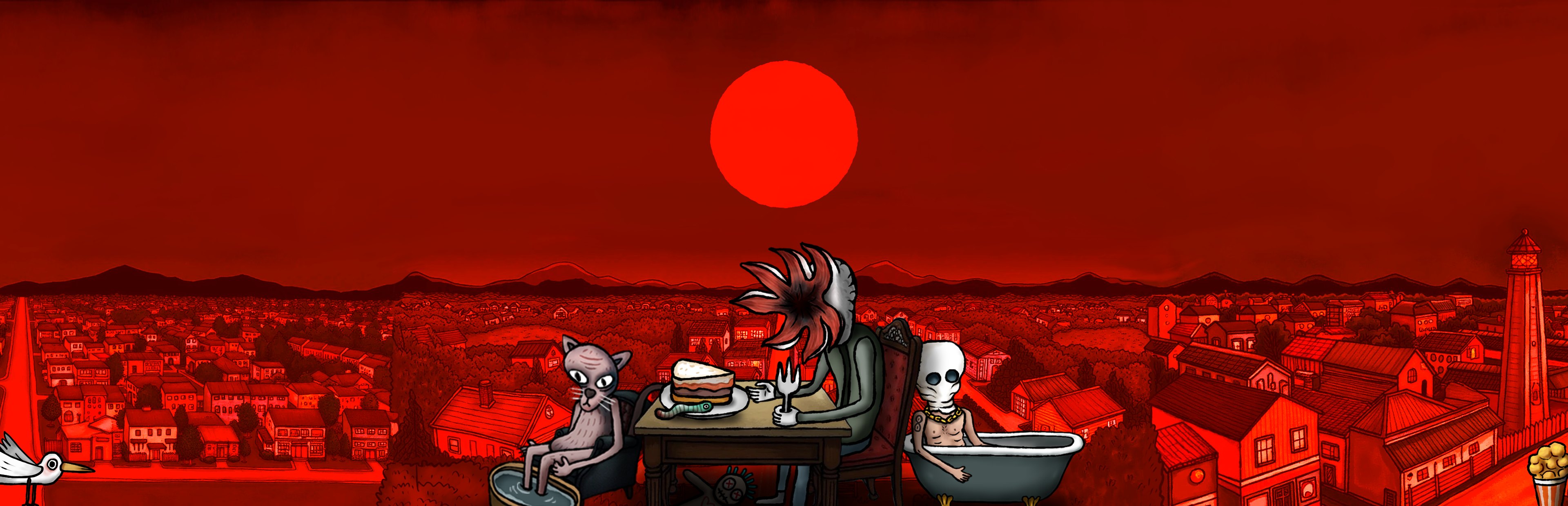 The town under a blood red sky and sun, with a hairless cat, a flower-headed creature eating cake, and a skull-masked figure in a bathtub