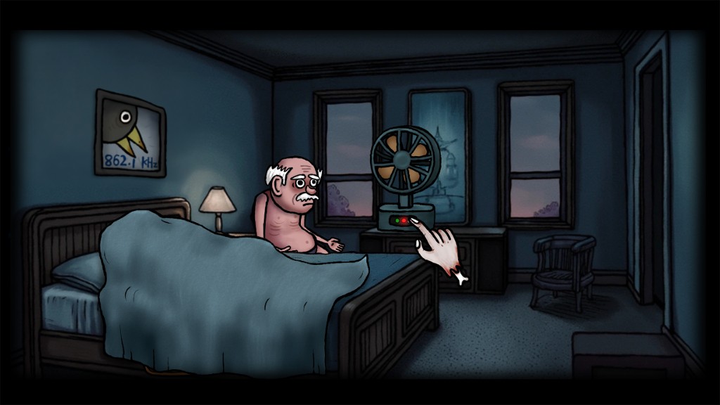 An old man sitting up in bed as a hand reaches for the fan