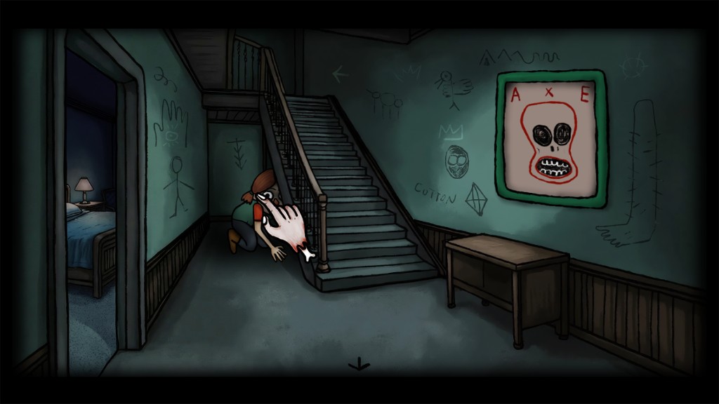 A hallway of chalk drawings, and a framed skull labeled AXE by the stairs