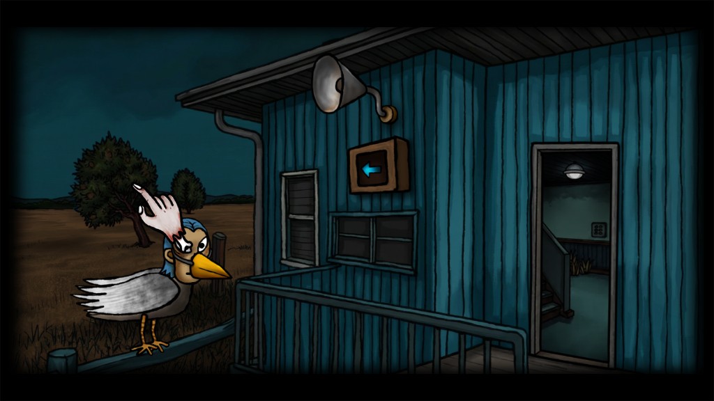 A bird with a human face on the porch rail of a blue shack