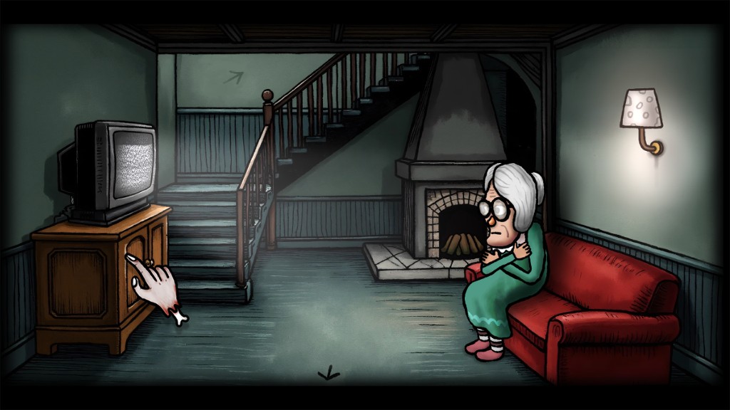 An old woman hugging herself on a red sofa while the television shows static