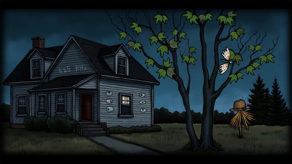 The house at night, with 425 kHz written on the wall, a moth in the tree, and a scarecrow in the yard